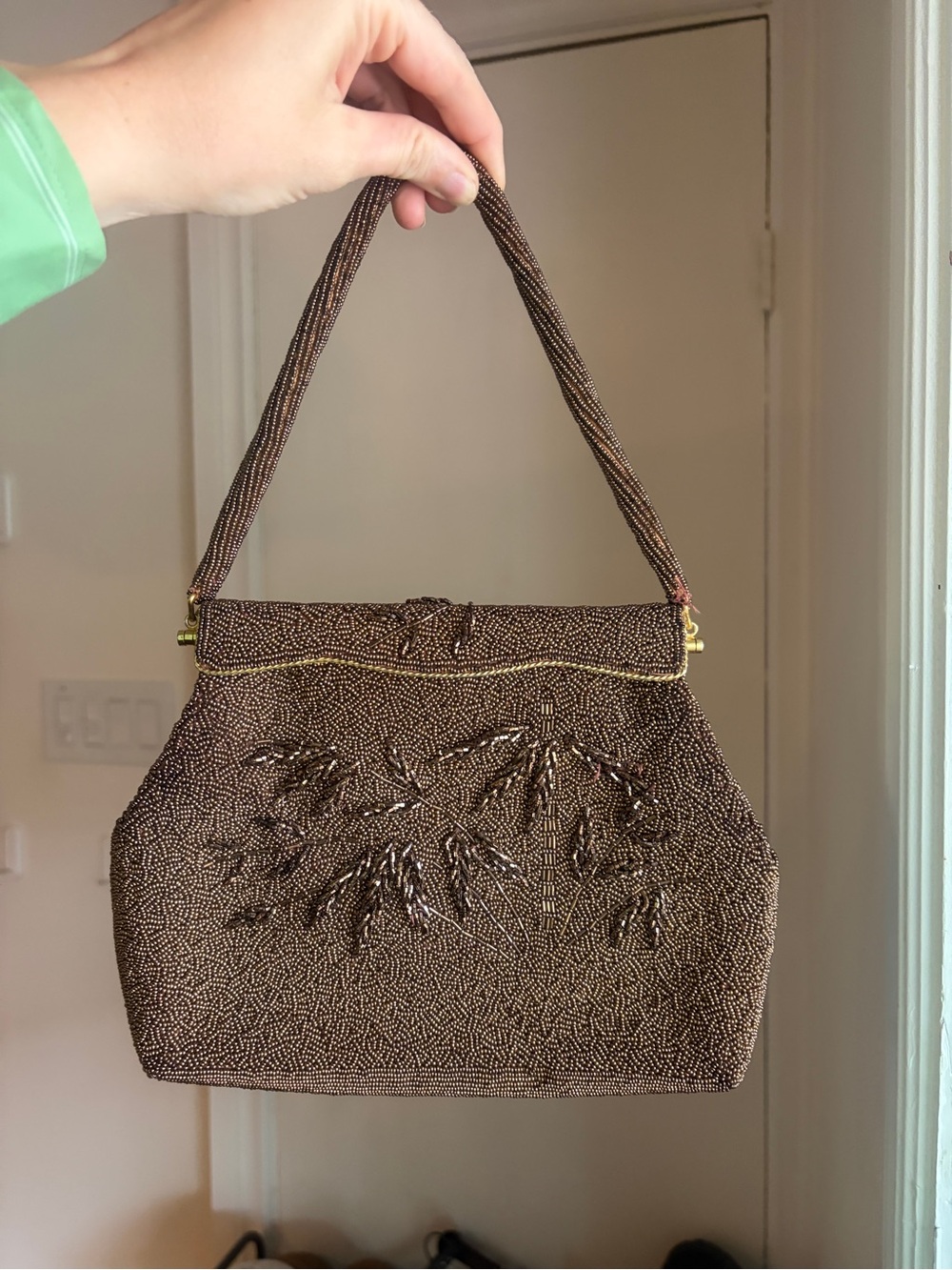 Vintage Hand-Beaded Brown Evening Shoulder Bag